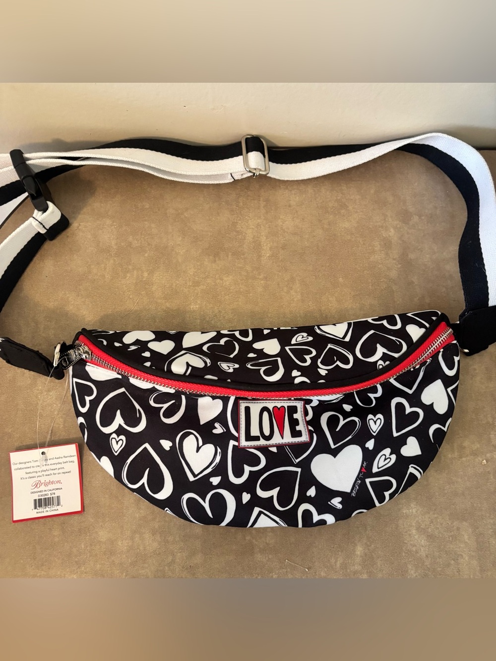 Brighton LOVE Heart Print Belt Bag Fanny Pack Zip Adjustable Strap Black/Whitep